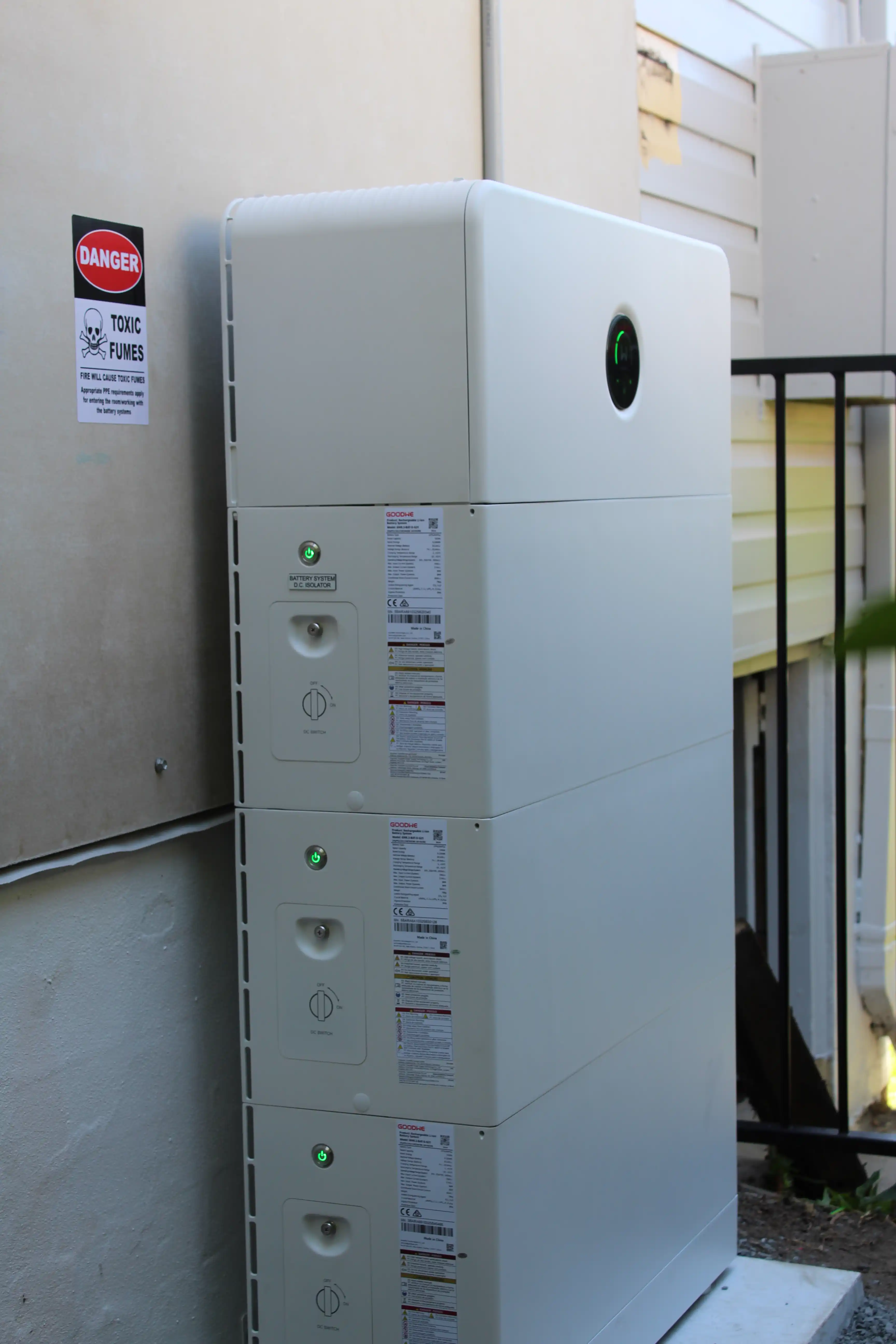 GoodWe home battery modules installed on an external wall at a New Lambton home