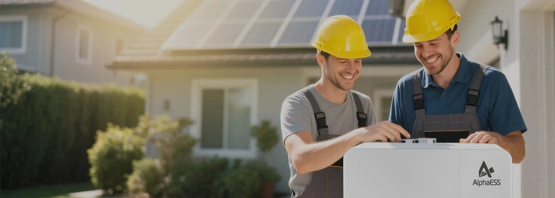 Installers commissioning an AlphaESS SMILE battery outside a home with rooftop solar