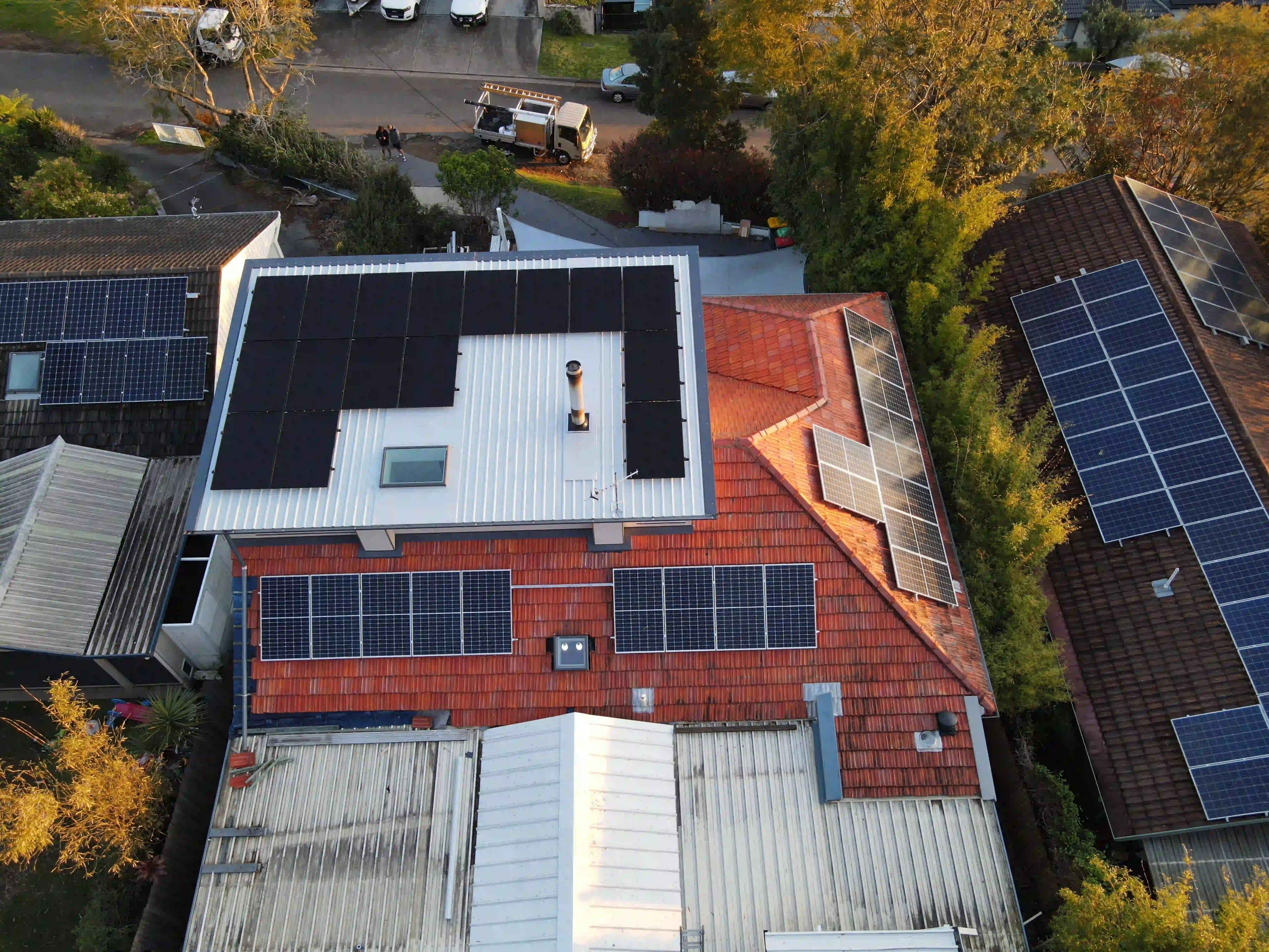 Drone view of solar panels installed on a Garden Suburb home