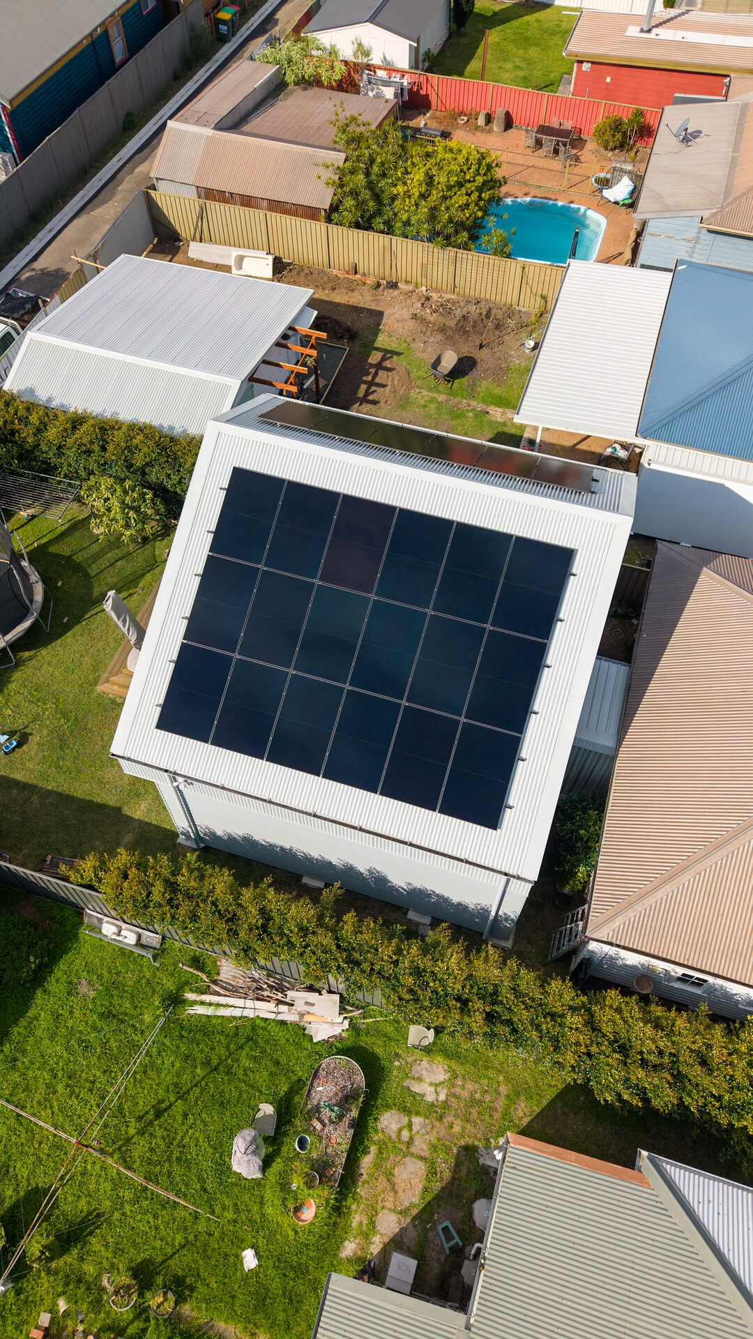 Drone shot of the solar array on a Mayfield roof