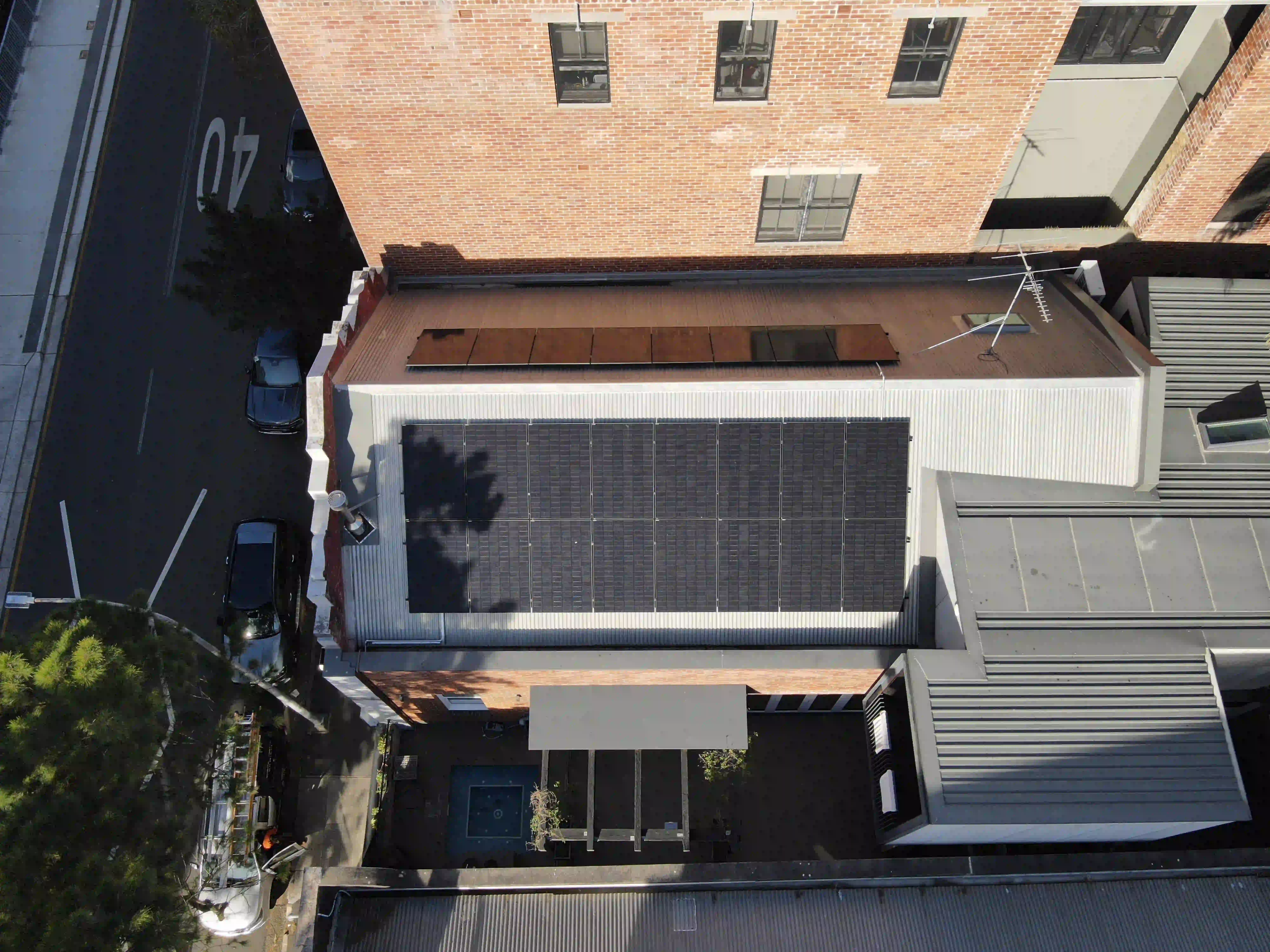 Aerial view of a King Street solar power installation in Newcastle