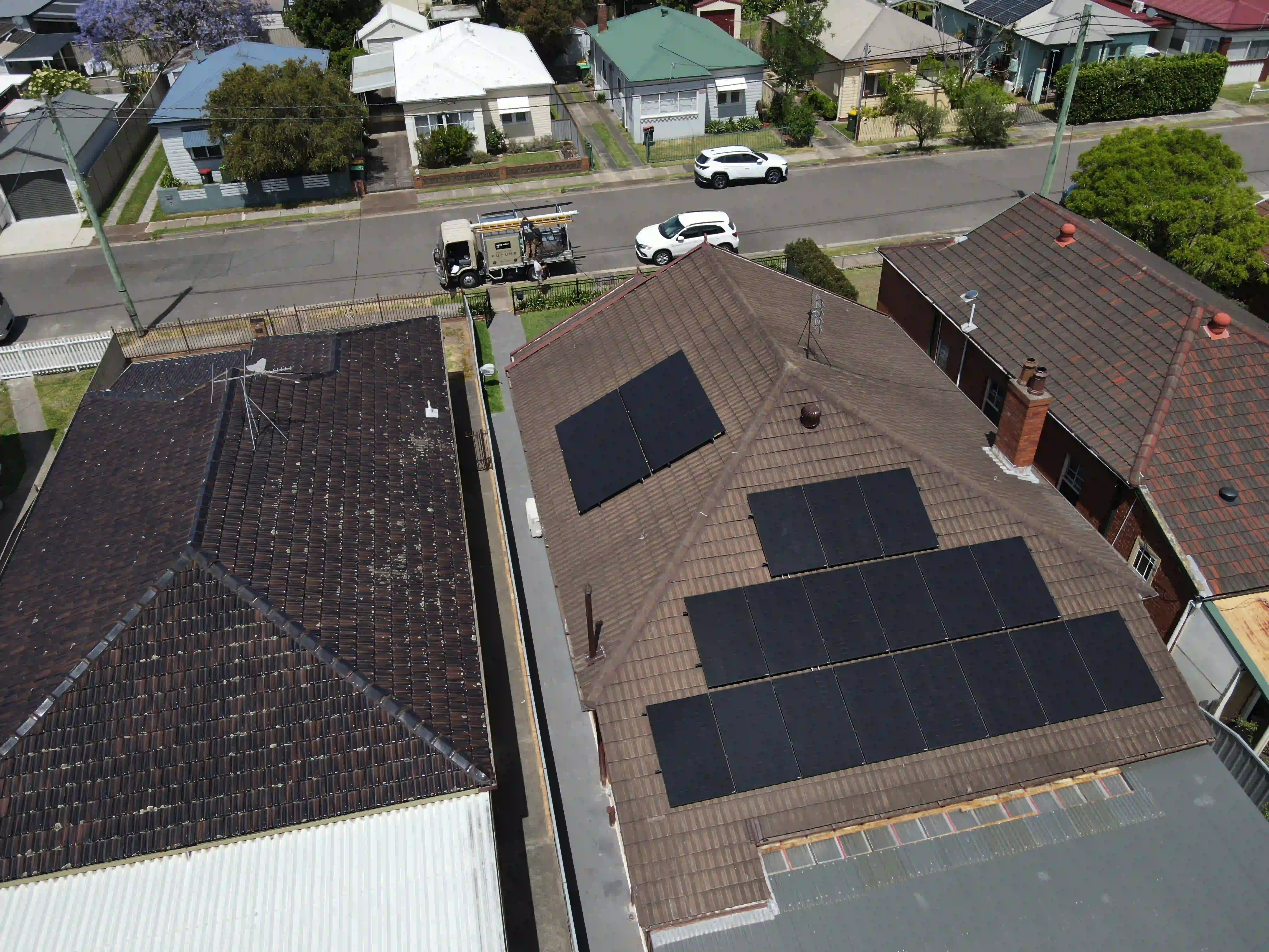 Drone view of a Newy Solar Co solar and battery installation on a Mayfield street in Newcastle