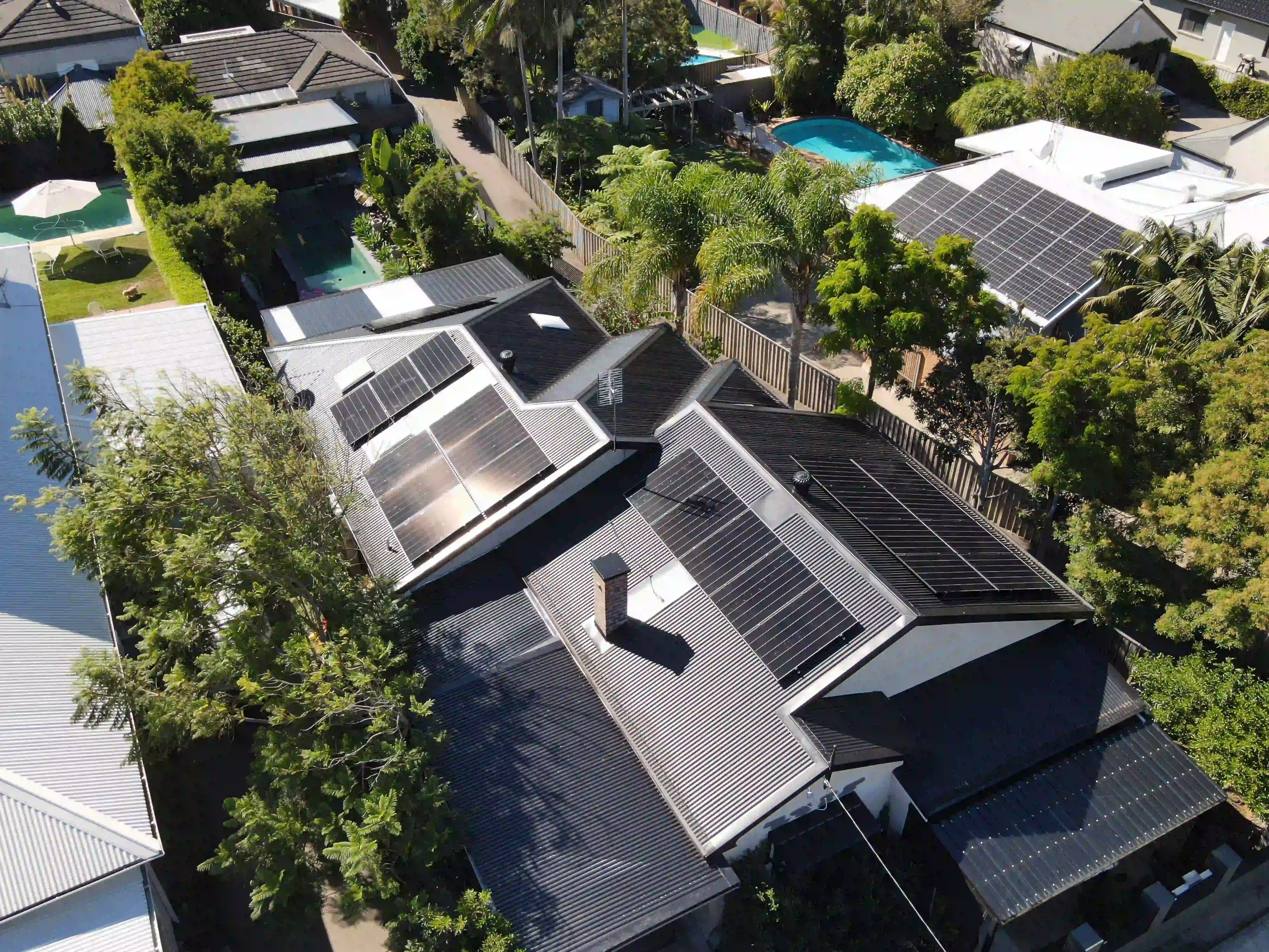 Drone view of rooftop solar panels installed by Newy Solar Co in Merewether, Newcastle
