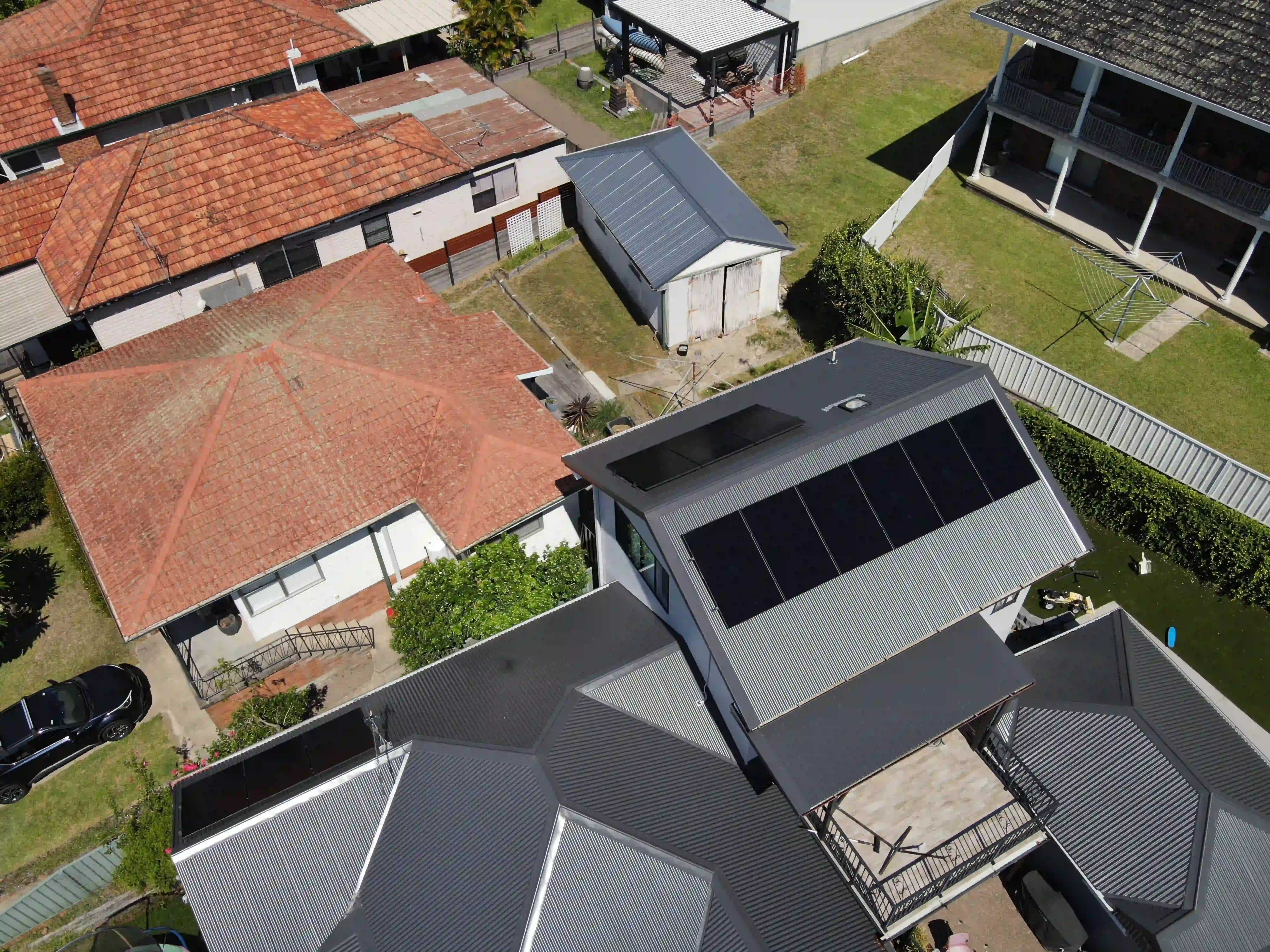 Drone view of the completed solar array on a New Lambton home in Newcastle
