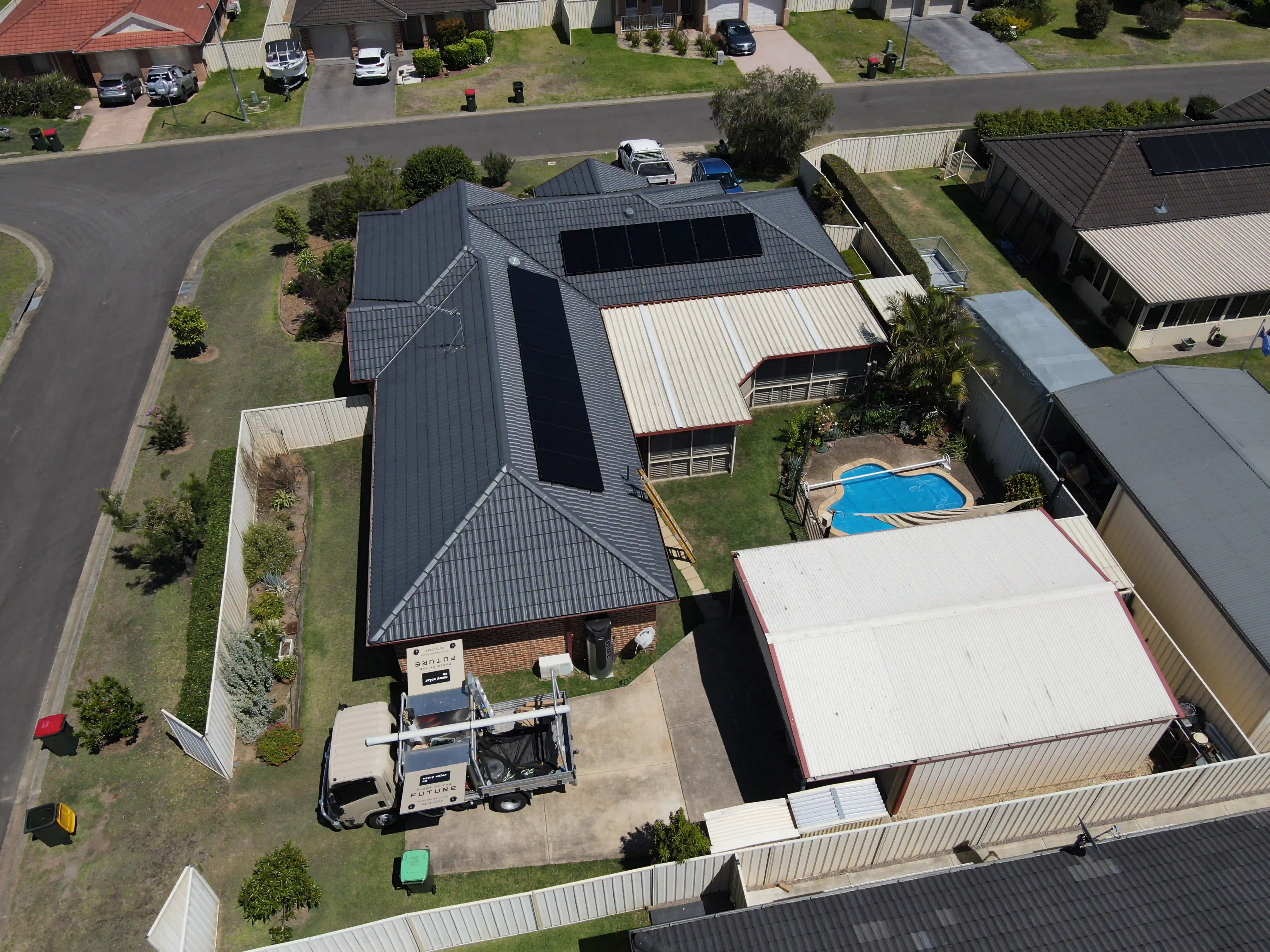 Overhead drone shot of the Medowie rooftop solar array