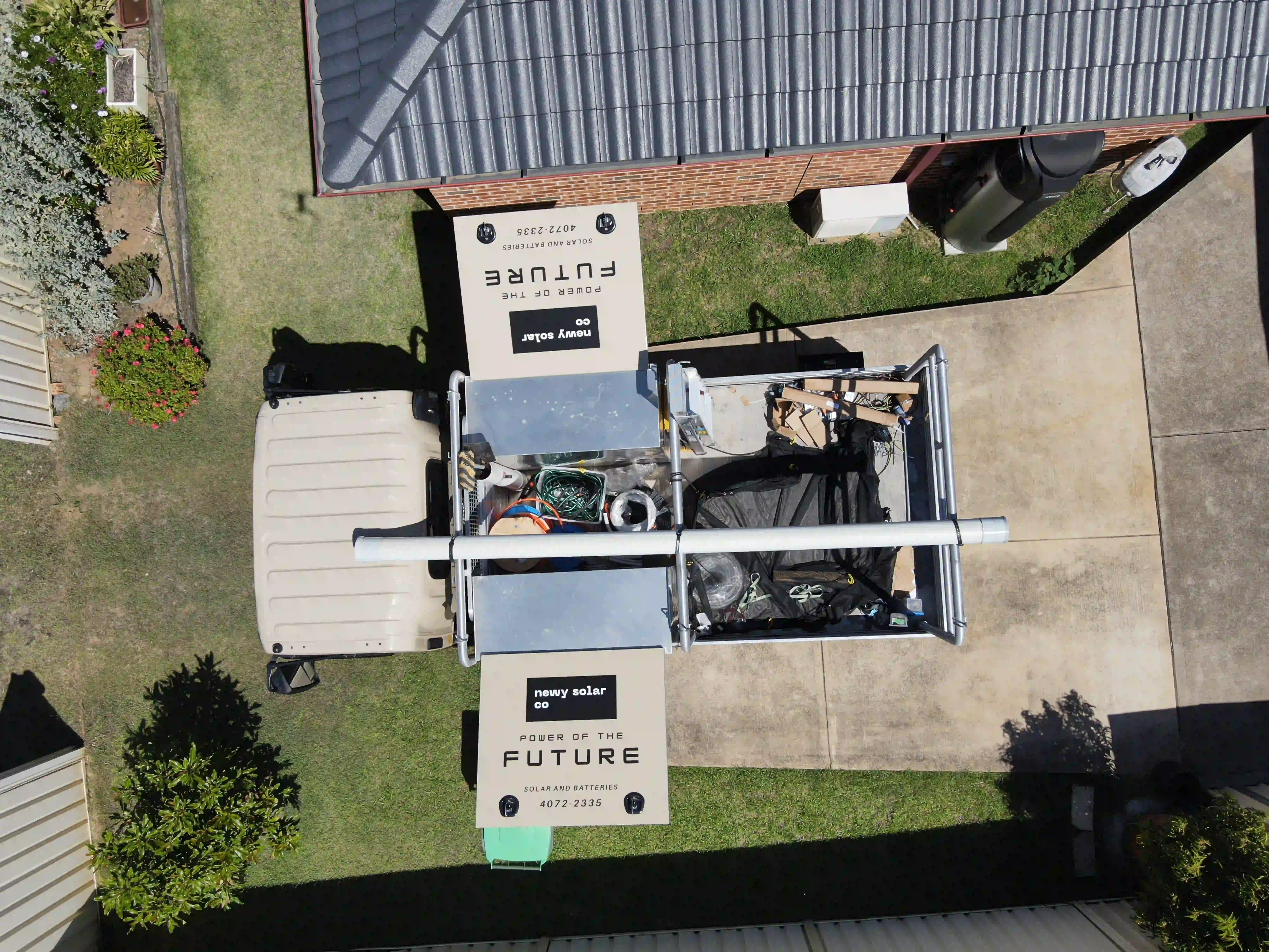 Aerial view of the Newy Solar Co truck on site during a Medowie install