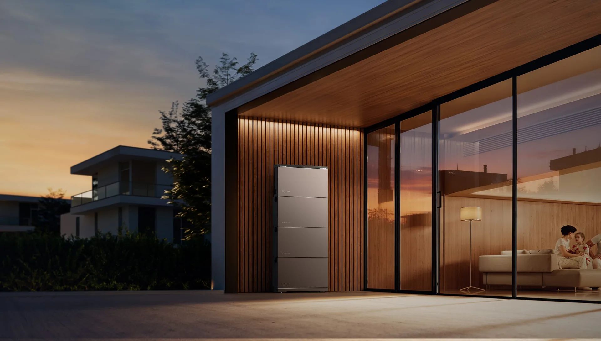 EcoFlow OCEAN 2 stacked home battery tower installed under the eaves of a modern home at dusk