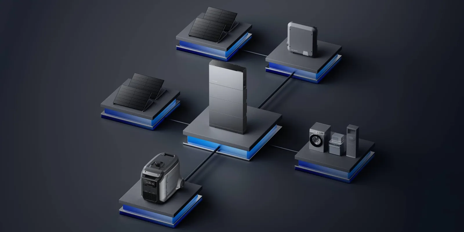 Diagram of the EcoFlow OCEAN 2 ecosystem linking solar arrays, inverter, battery tower, generator and home appliances