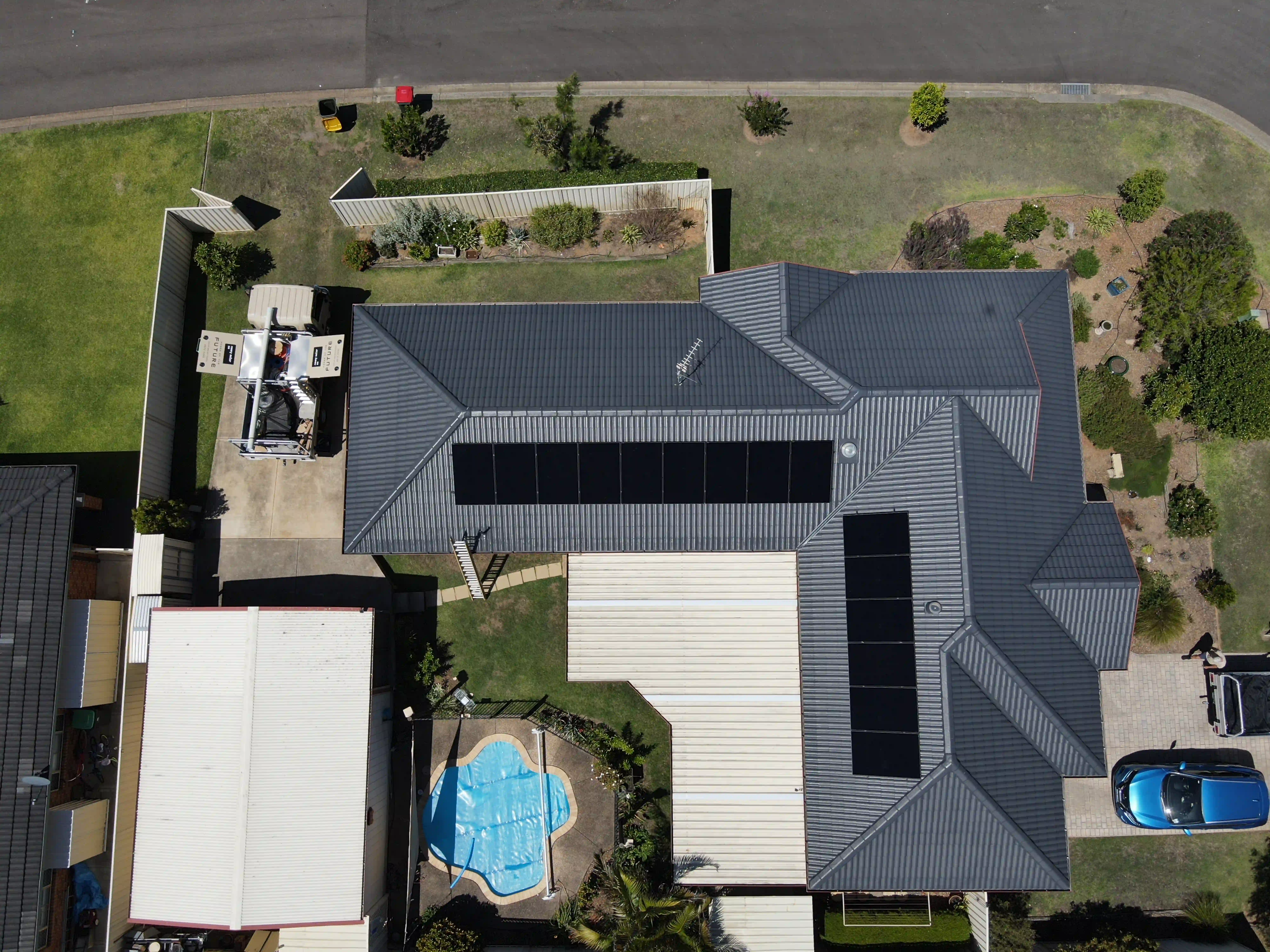 Drone view of a Newy Solar Co solar and battery installation in Medowie, Port Stephens