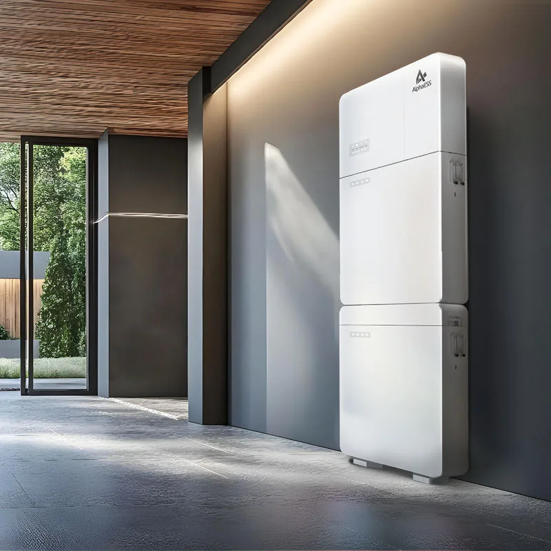Front view of the AlphaESS SMILE M5 hybrid inverter and stacked 13.99 kWh battery module