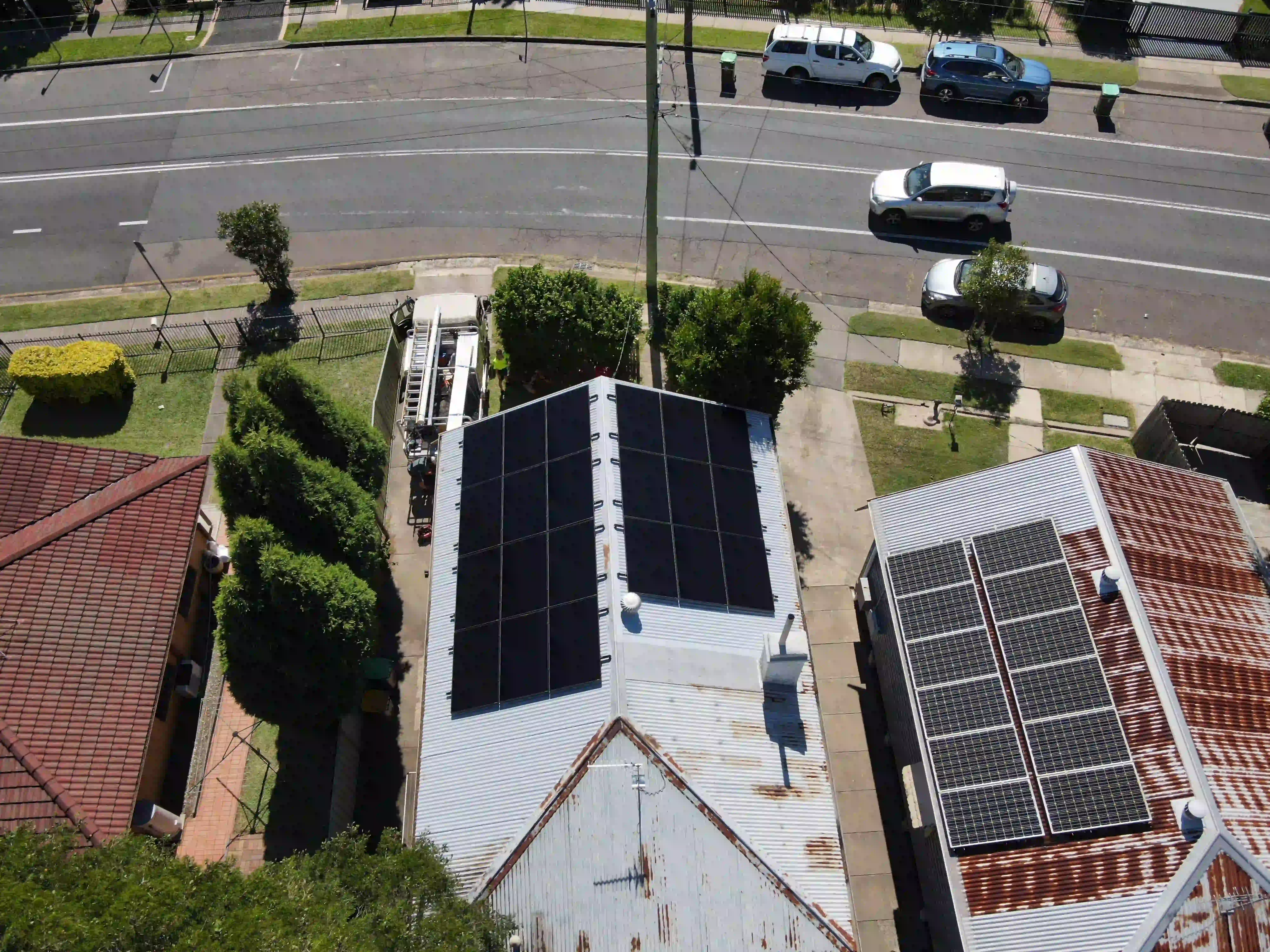 Drone view of rooftop solar panels installed by Newy Solar Co in Lambton, Newcastle