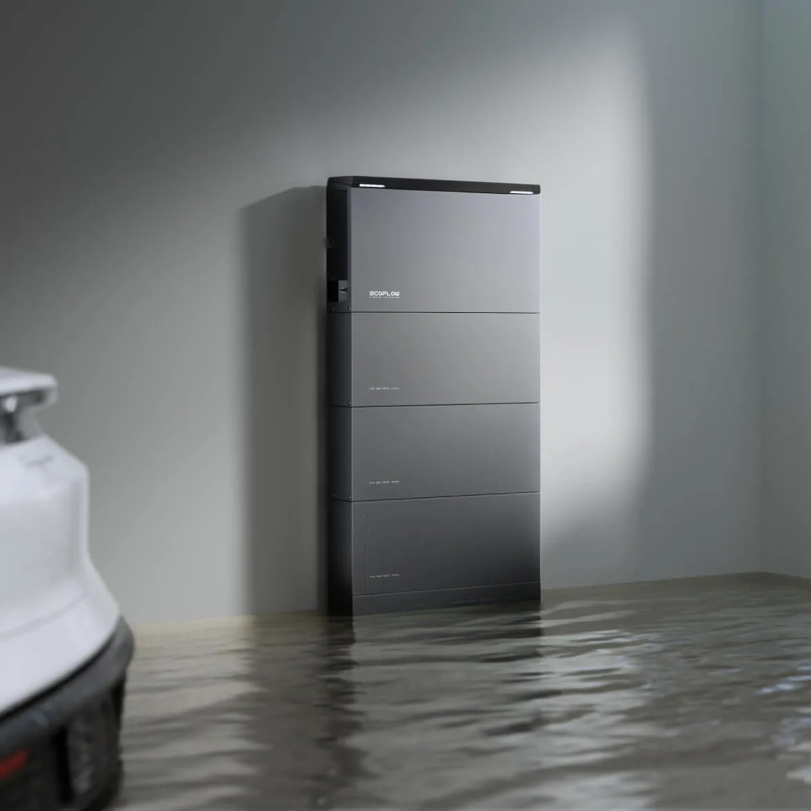EcoFlow OCEAN 2 battery tower in an IP66-rated outdoor enclosure exposed to rain