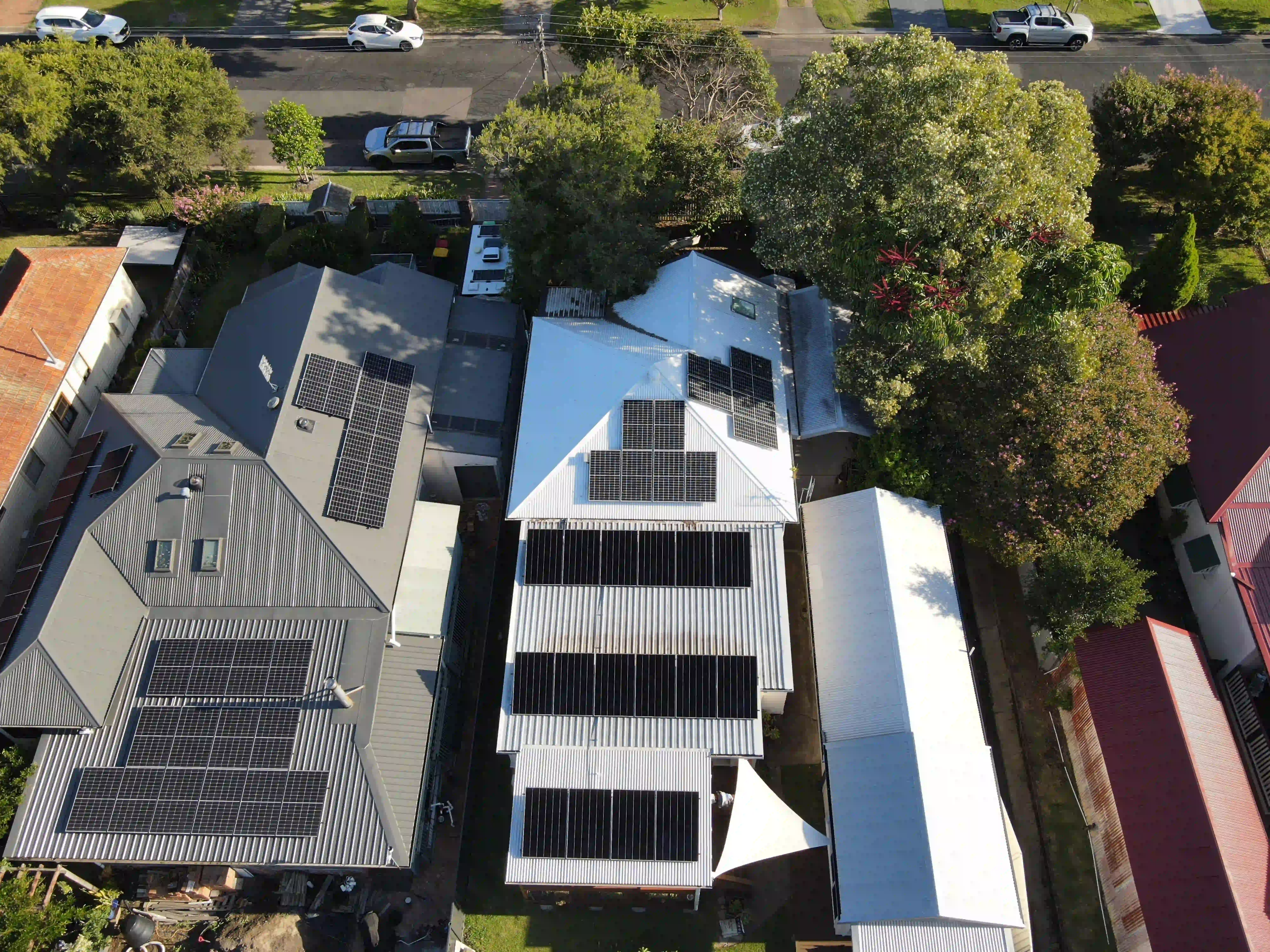 Drone view of a Newy Solar Co rooftop solar installation at Morisset, Lake Macquarie
