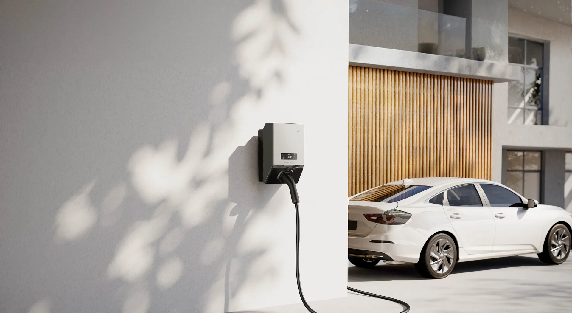 Official EcoFlow PowerPulse 2 EV charger mounted beside a white electric car at a modern home