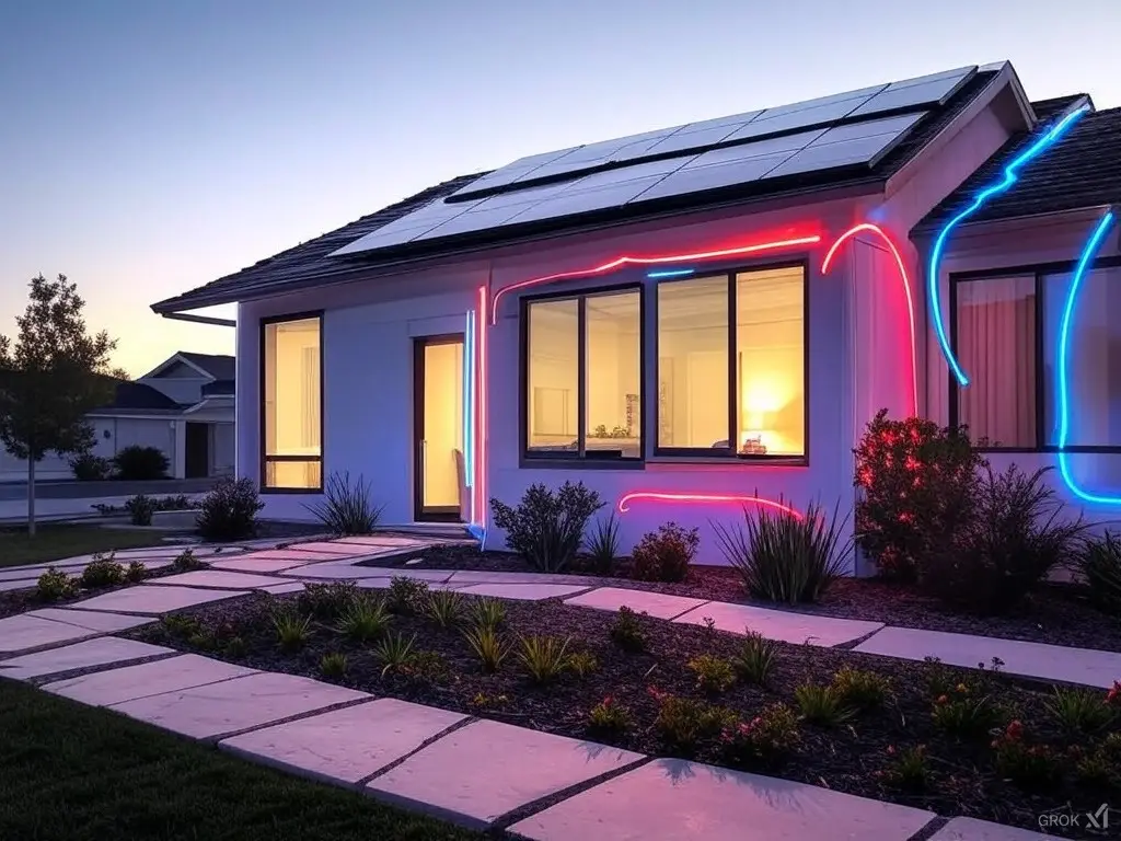 House with solar panels exporting power visually