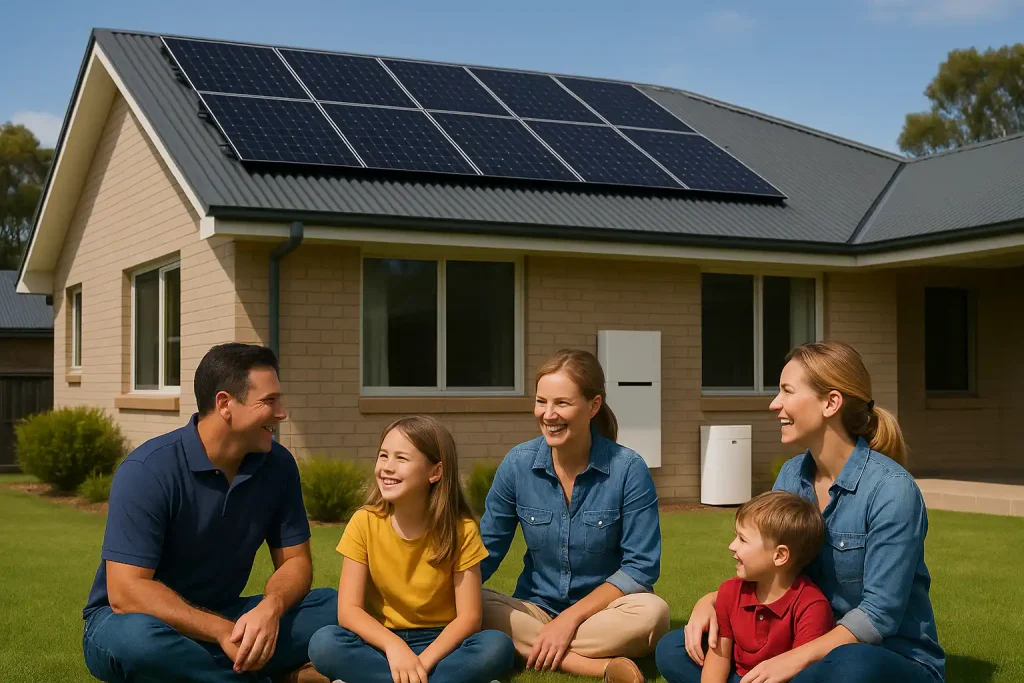 modern Australian home with solar panels and a wall‑mounted solar battery, sunset – solar batteries Newcastle