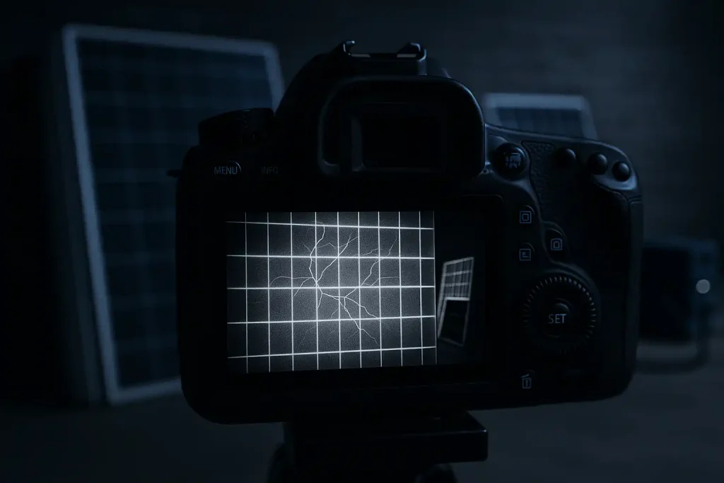 A super close up showing microcracks on a solar panel - likely from hail - to send to an insurance company. Captured via electroluminescence testing