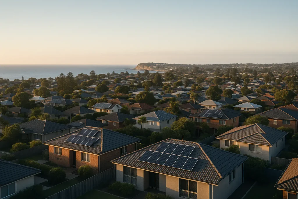 Aerial photograph of a Newcastle suburb at sunrise showing residential rooftops fitted with solar panels