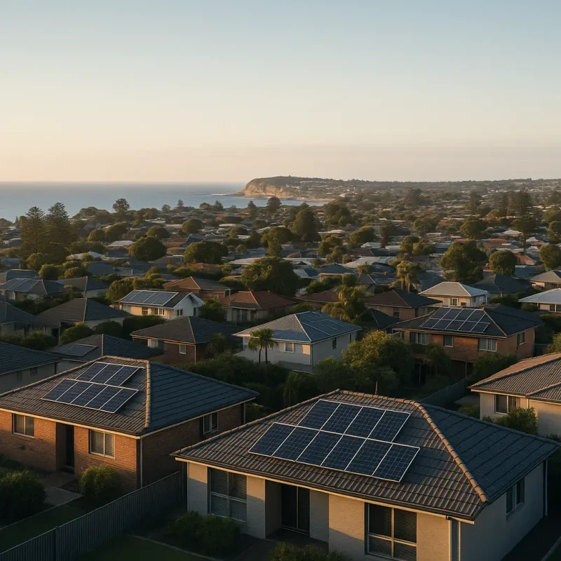 Aerial photograph of a Newcastle suburb at sunrise showing residential rooftops fitted with solar panels