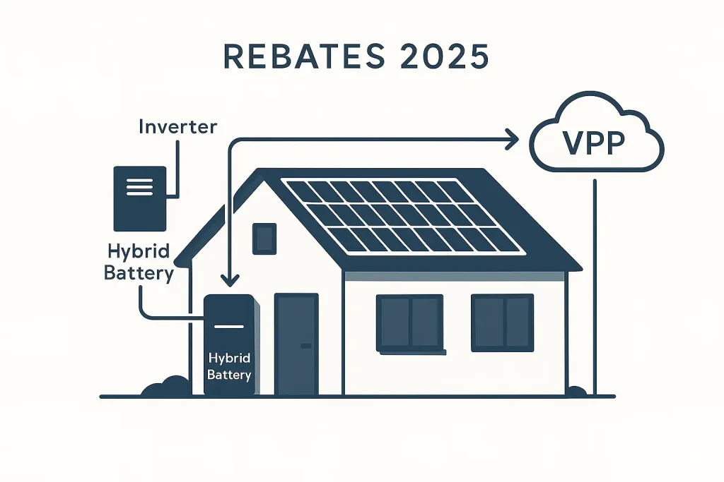 Flat-style vector illustration of a modern home with rooftop solar panels, a hybrid battery system and Virtual Power Plant connections