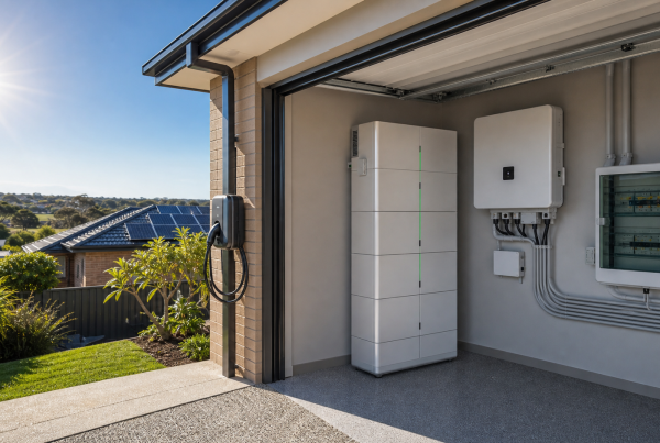 GoodWe ESA batteries Newcastle style home battery installation with solar panels and a hybrid inverter in a tidy garage