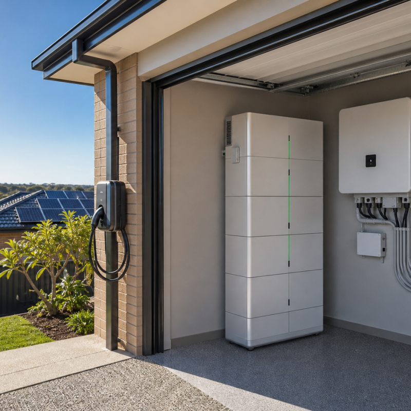GoodWe ESA batteries Newcastle style home battery installation with solar panels and a hybrid inverter in a tidy garage