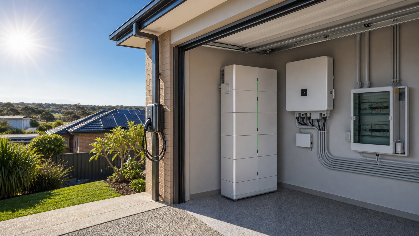 GoodWe ESA batteries Newcastle style home battery installation with solar panels and a hybrid inverter in a tidy garage