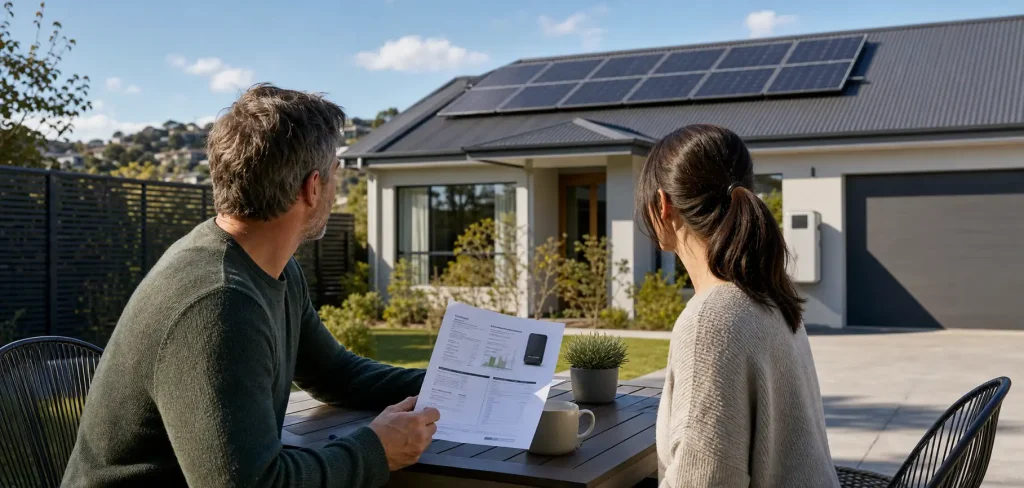 A family, reviewing the new interest free home loan for solar and battery systems in Newcastle